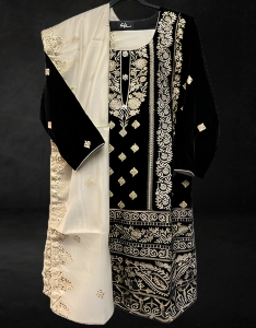3 piece suit. Black velvet shirt with gold dupatta and trousers.