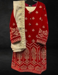 3 piece suit. Red velvet shirt with gold dupatta and trousers.