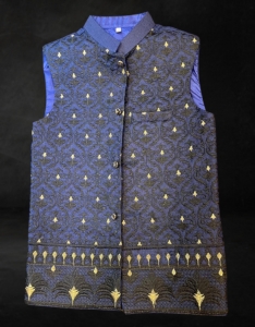 Kids waist coat. Navy blue with black and gold embroidery.